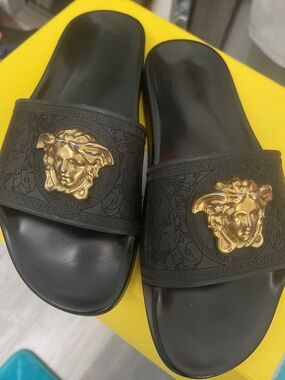 Versace Black Slides with Gold Medusa Accents